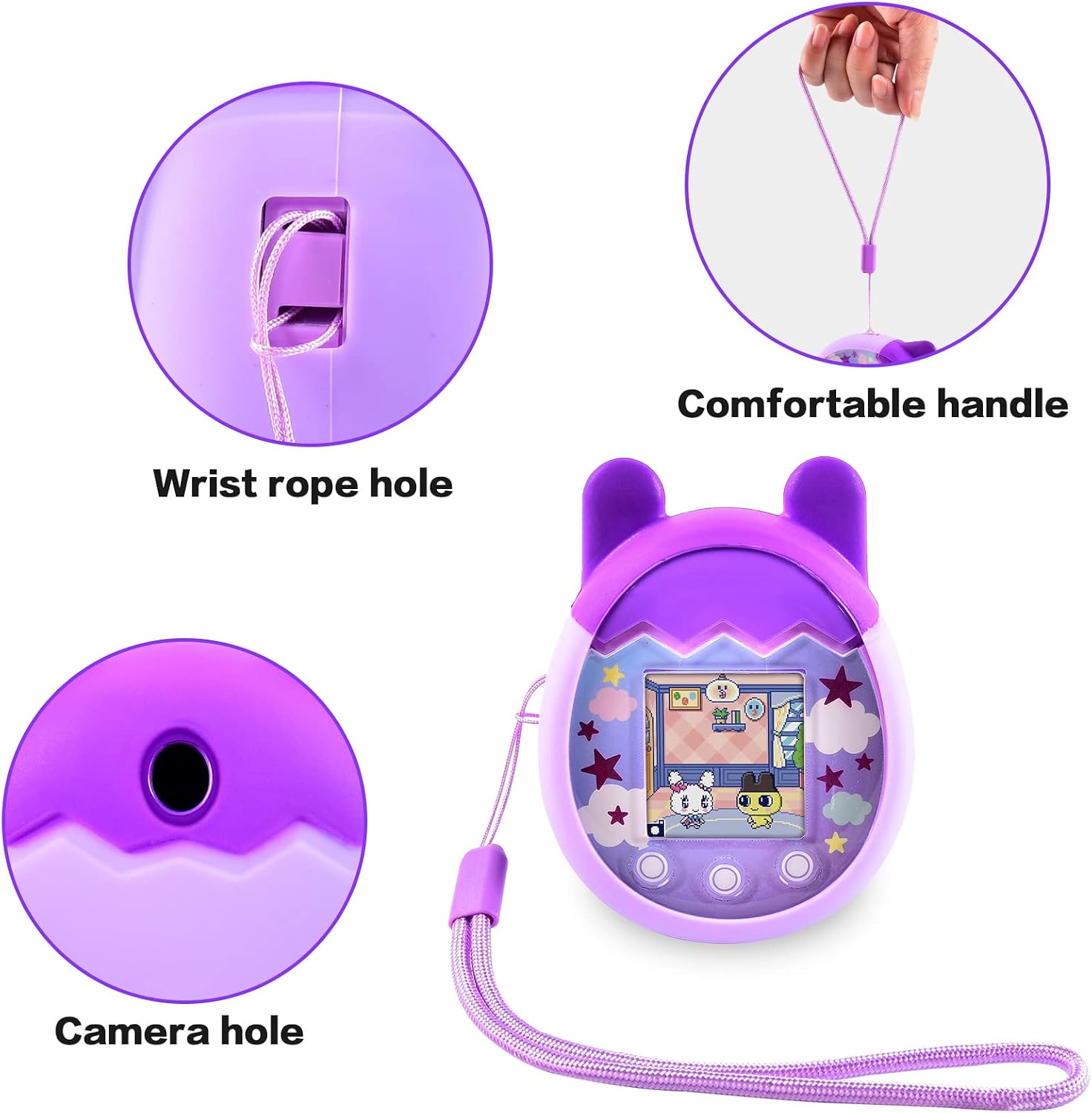 Silicone Case Compatible with Tamagotchi Pix Virtual Pet Game Machine, Protective Gel Soft Skin Cover for Tomagatchie Giga Pet Mini Toy, Travel Carry Pouch Sleeve with Hand Strap-(Purple), Bag Only