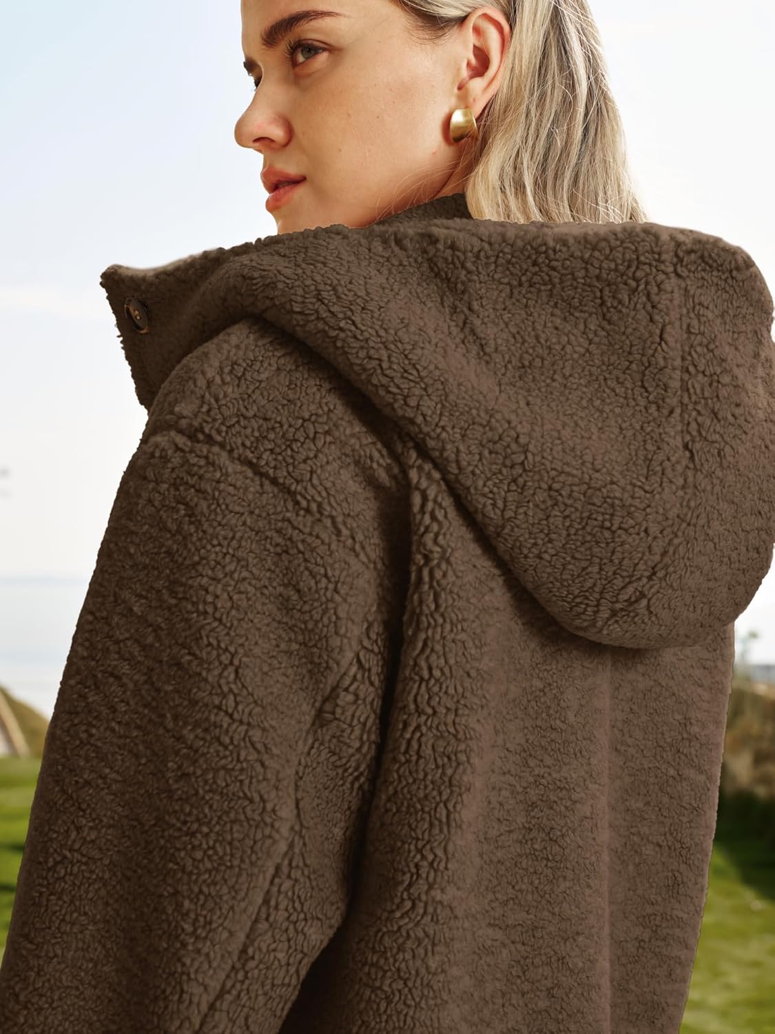 ELLEVEN Winter Faux Fur Pea Coat for Women,Sherpa Wool Fuzzy Fleece Long Warm Teddy Coats Jacket with Hoodie - Image 3