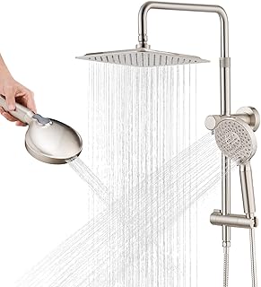 10 Inch High Pressure Rainfall Shower Head with Handheld Combo, 9 Setting Handheld Shower Head, Adjustable Height Shower Extension Arm and Slide Bar for Easy Reach - Brushed Nickel