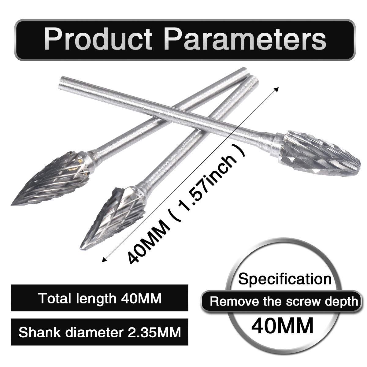 10 Pcs Tungsten Carbide Rotary Burr Set with 2.35mm Round Shank Double Cut Carving Burr Bits for Wood Working DIY, Engraving, Drilling, Grinding Marble, Jade, Polishing, Non-Metal Materials