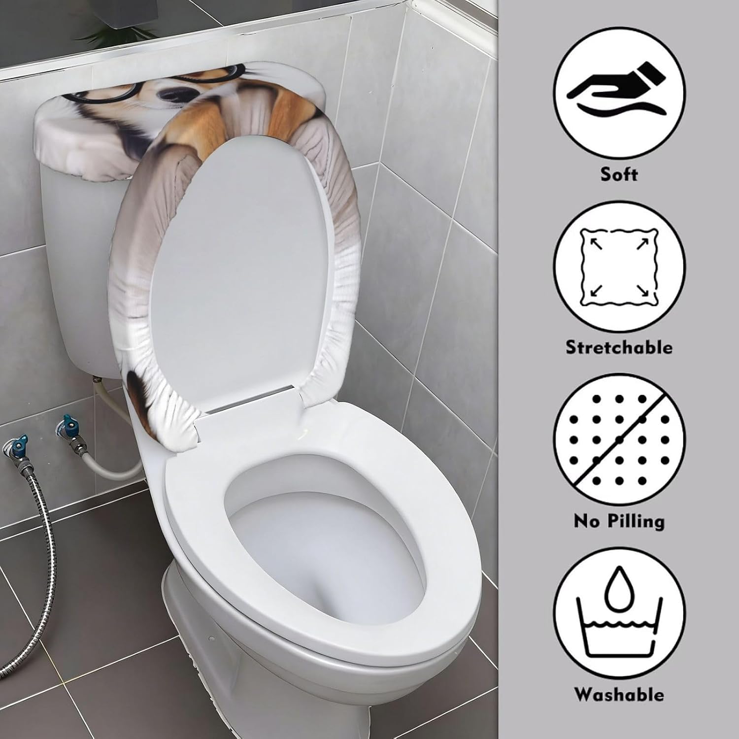 2 Pcs Toilet Lid Cover and Toilet Tank Lid Cover, Washable Toilet Cover with Elastic Bottom Replacement Soft Stretch Toilet Seat Cover Set Cute Dog with Glasses Bathroom Decor