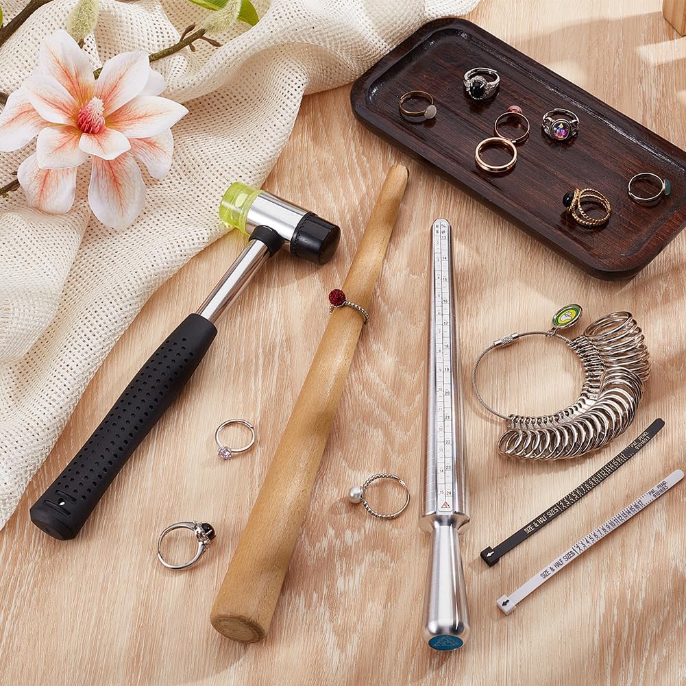 BENECREAT 6Pcs Ring Sizer Measuring Tools, Including Ring Sizer Gauge, Ring Mandrel, Wood Polishing Stick and Jewelry Hammer, Finger Sizing Measuring Kit for Ring Making and Repair