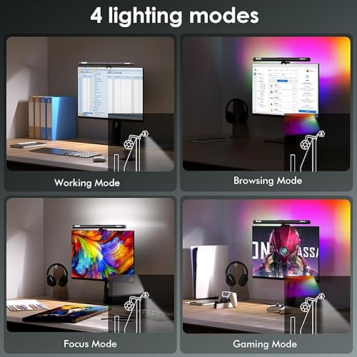 Miniatura 6 de Quntis Luz de monitor RGB retroiluminada, doble barra de luz para juegos, lámpara de escritorio de oficina, 15 modos regulables, temperatura de 3