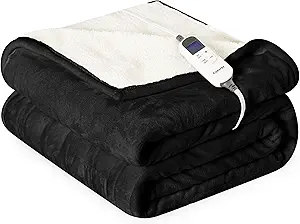 Heat Blanket 72”x84” Full Size,Soft Flannel & Sherpa Reversible Electric Blanket with 10 Heat Settings,12 Timer Setting and 8 Hours Auto-Shut Off,ETL Certified Machine Washable,Black