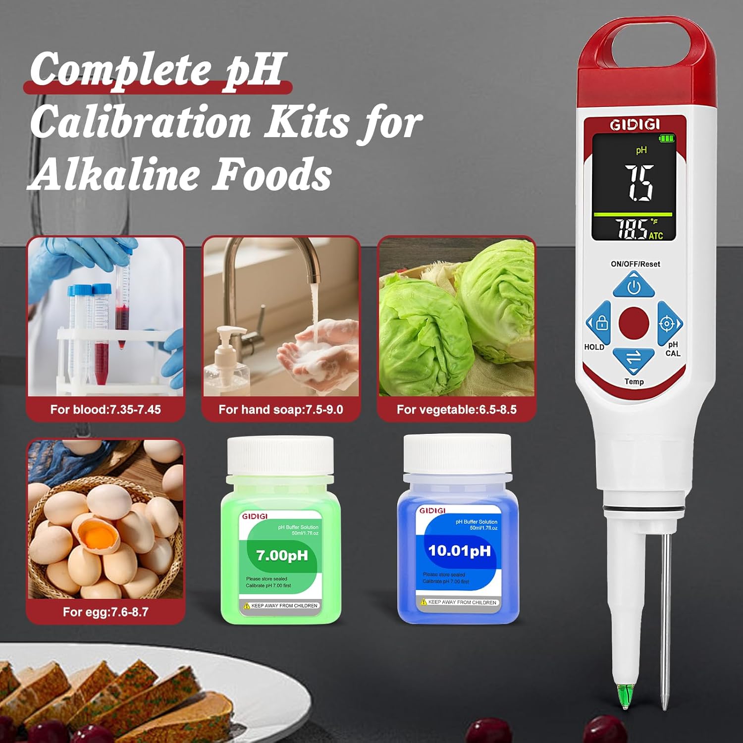 Digital pH Meter Food Pocket pH Pen for Fermentation with pH Calibration Kits Color Display Spear Tip pH Food Tester Probe with ATC for Cosmetics Sourdough Professional pH Test Strips for Food Acidity