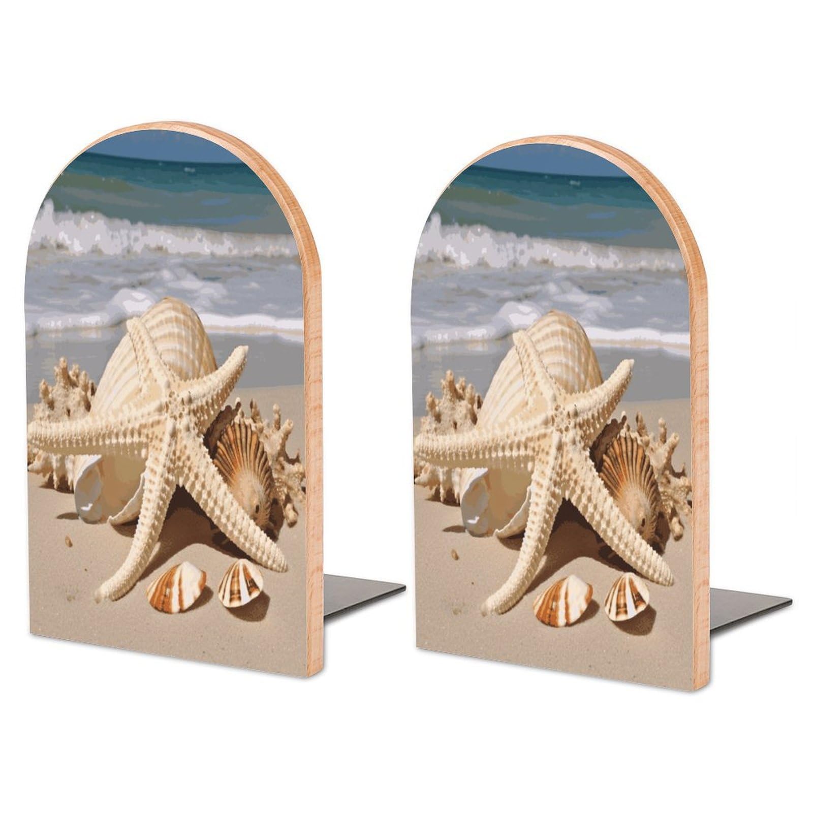 Heavy Duty Large Seashell Starfish Book End Wooden Bookends with Metal Base Non-Skid Book Stopper for Shelves Books Organizer for Home Office Supplies 6.7 X 4.7 X 3.9”
