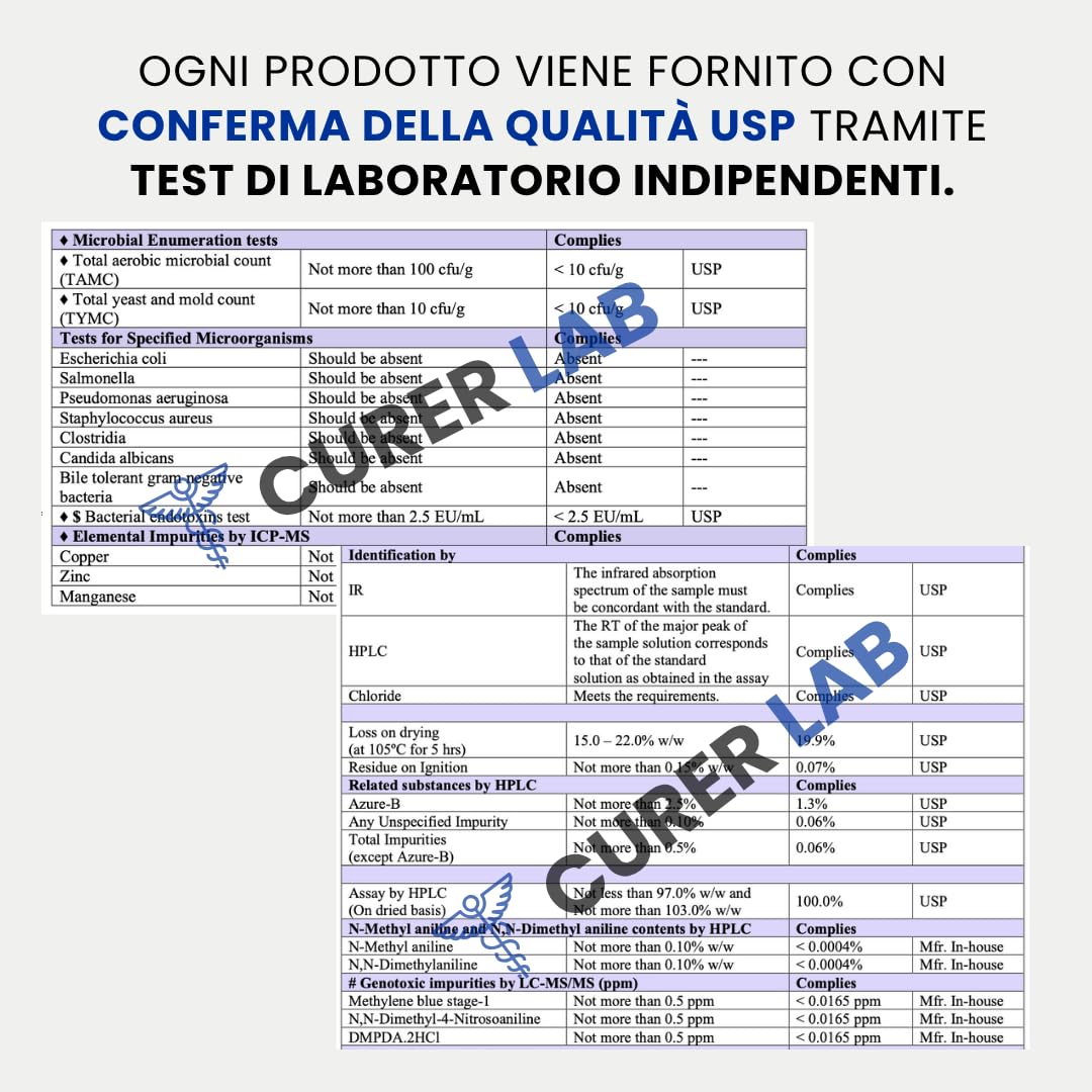 Methylene Blue USP Grade 10 mg | 90 Capsule | Purezza Ultra Alta | Qualità Farmaceutica 99,99 % – Testato da Terzi | Senza Formaldeide | Con Vitamina C | Made in Europe