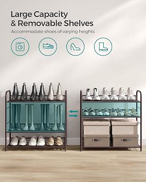 SONGMICS 4-Tier Stackable Metal Shoe Rack, Holds Up to 16 Pairs of Shoes | Shoe Organizer for Closet, Entryway, and Small Spaces, with Adjustable Slanted Shelves, Bronze, DAVIAN Collection ULMR067A01