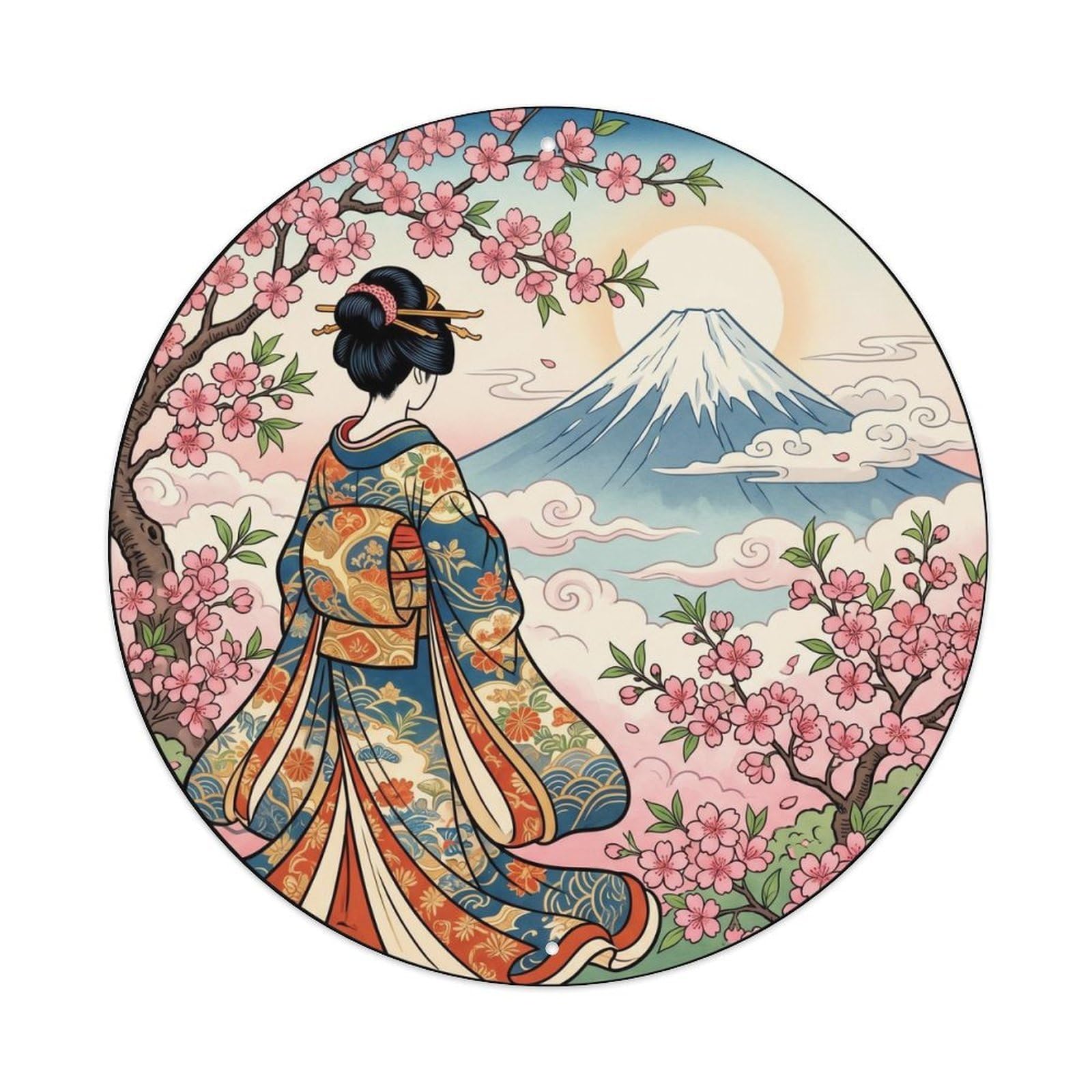 Metal Tin Sign Japanese Fuji Cherry Blossoms Geisha Scene