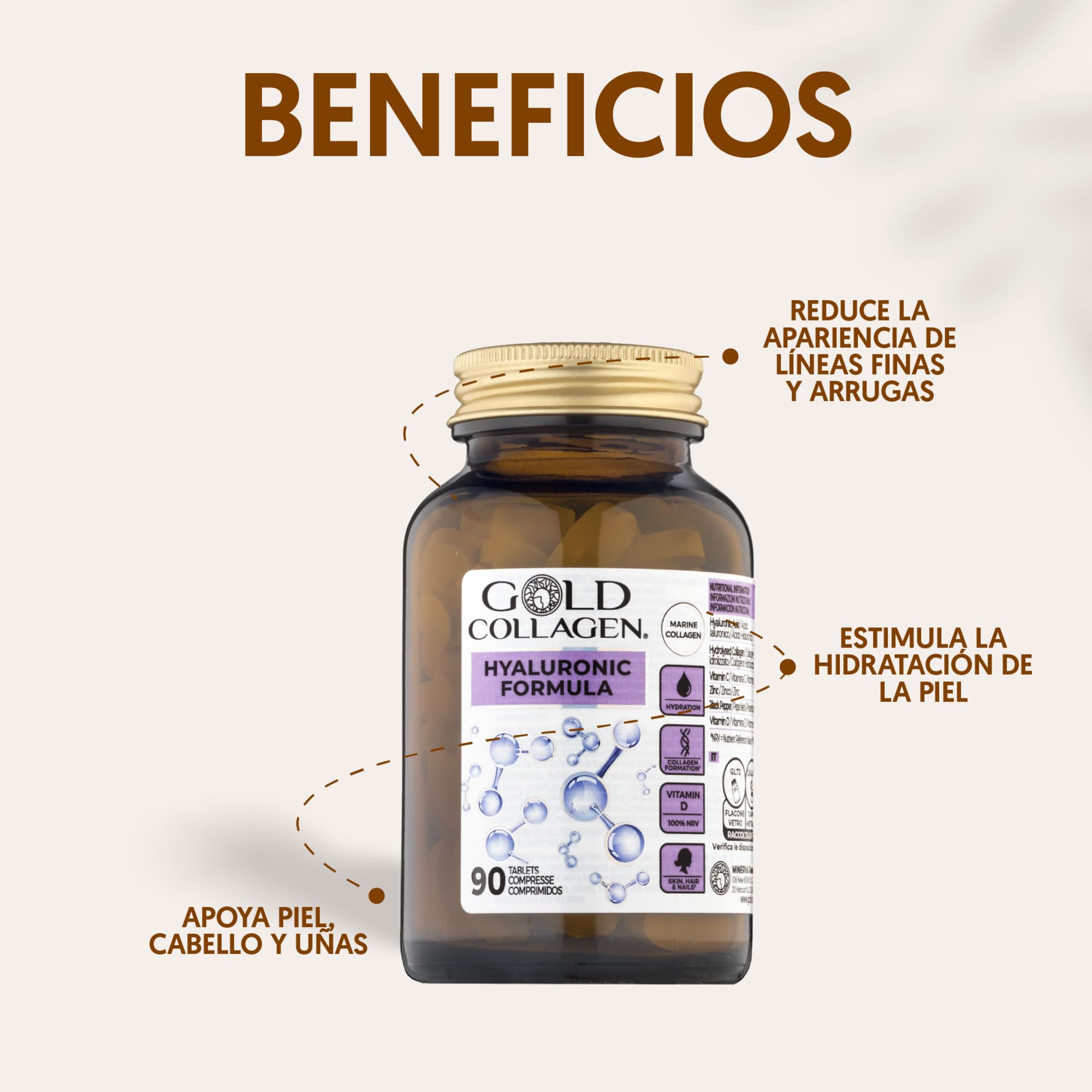 GOLD COLLAGEN Hyaluronic Formula - Complemento Piel Uñas Articulaciones Mujer 90 Cápsulas - Tratamiento con Vitamina C, Vitamina D, Ácido Hialurónico, Zinc y Colágeno Marino Hidrolizado