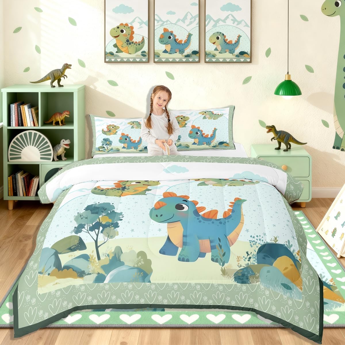 Feelyou Cartoon Dinosaur Kids Comforter Set Twin Size Tree Pattern Bedding Set Cute Cartoon Duvet Quilt for Kids Boys Girls Bedroom Decor Microfiber Ultra Soft Breathable