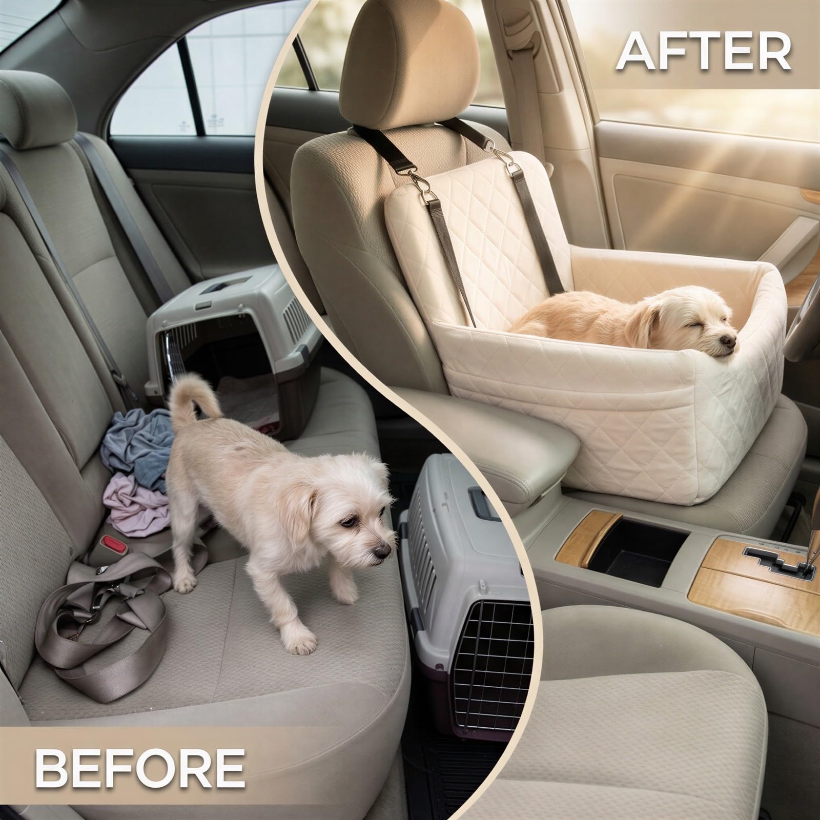 Velveteen - Asiento de coche para perros pequeños, elevador elevado para mascotas con lados altos, cinturón de seguridad y correa antideslizante, asiento delantero o trasero beige, soporte relajante