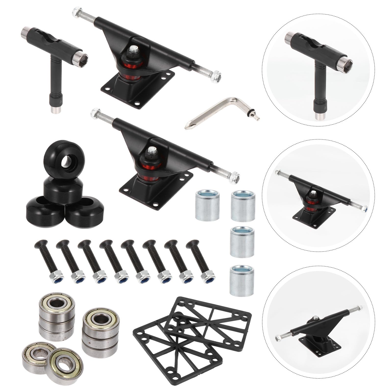 Veemoon Kit Complet de Pont Skateboard à Double Inclinaison en Alliage D’Aluminium Noir Roues PU et Jeu de Roulements de Skateboard pour Remplacement et Réparation Usage Plusieurs Styles