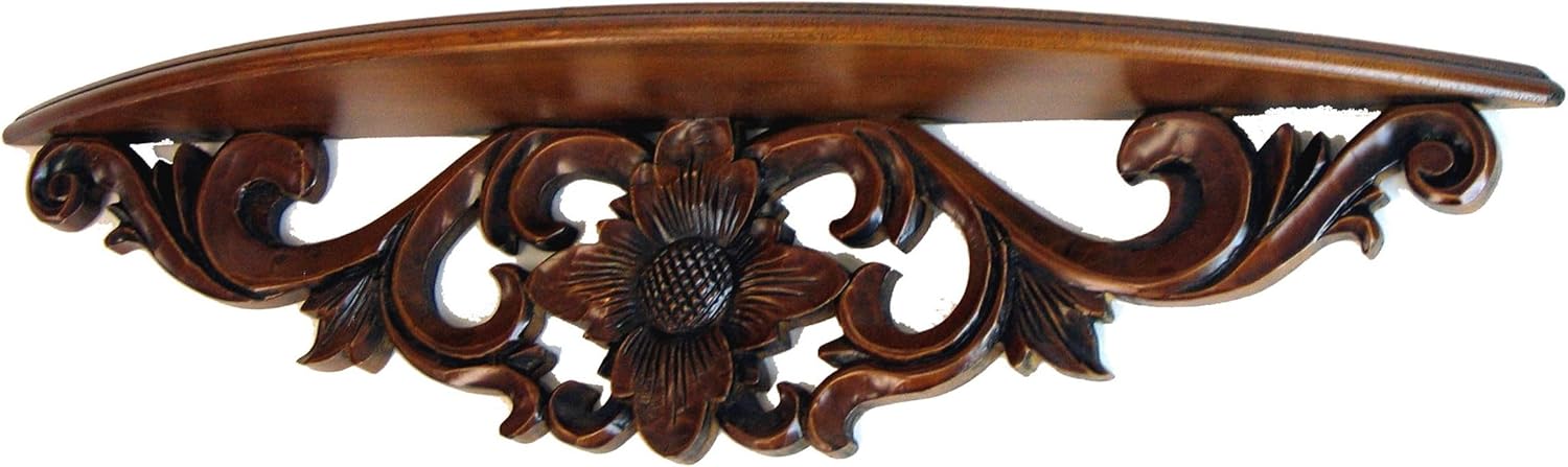 Benjara Hand Carved Wooden Moonbay Wall Shelf in Floral Design, Brown