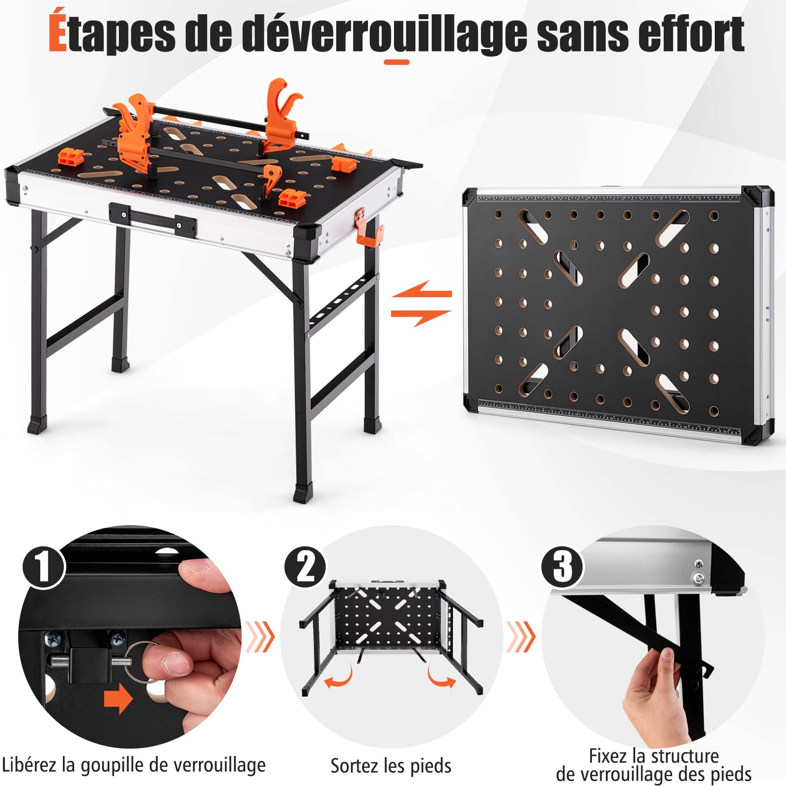 GYMAX Établi Pliable,Travail de Travail Multifonctionnel, Chevalet de Sciage avec Poignée Portable, Plateau Combinable, Charge 454 kg, pour Mesure/Travail du Bois/Réparation