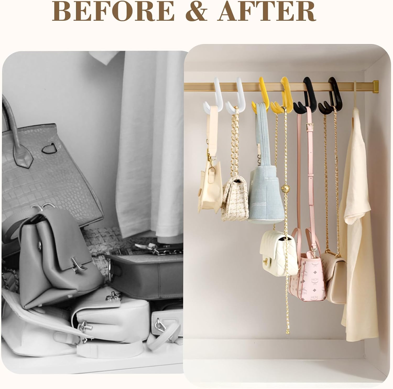 Handbag Hanger Purse Organizer Satchel Hanger Tote Hooks for Closet, Arc-Fit Curved Strap, Anti-Crease, Support Wide Slot 1.4” No-Install Dual Hook Design, Heavy Duty ABS(Bright White)