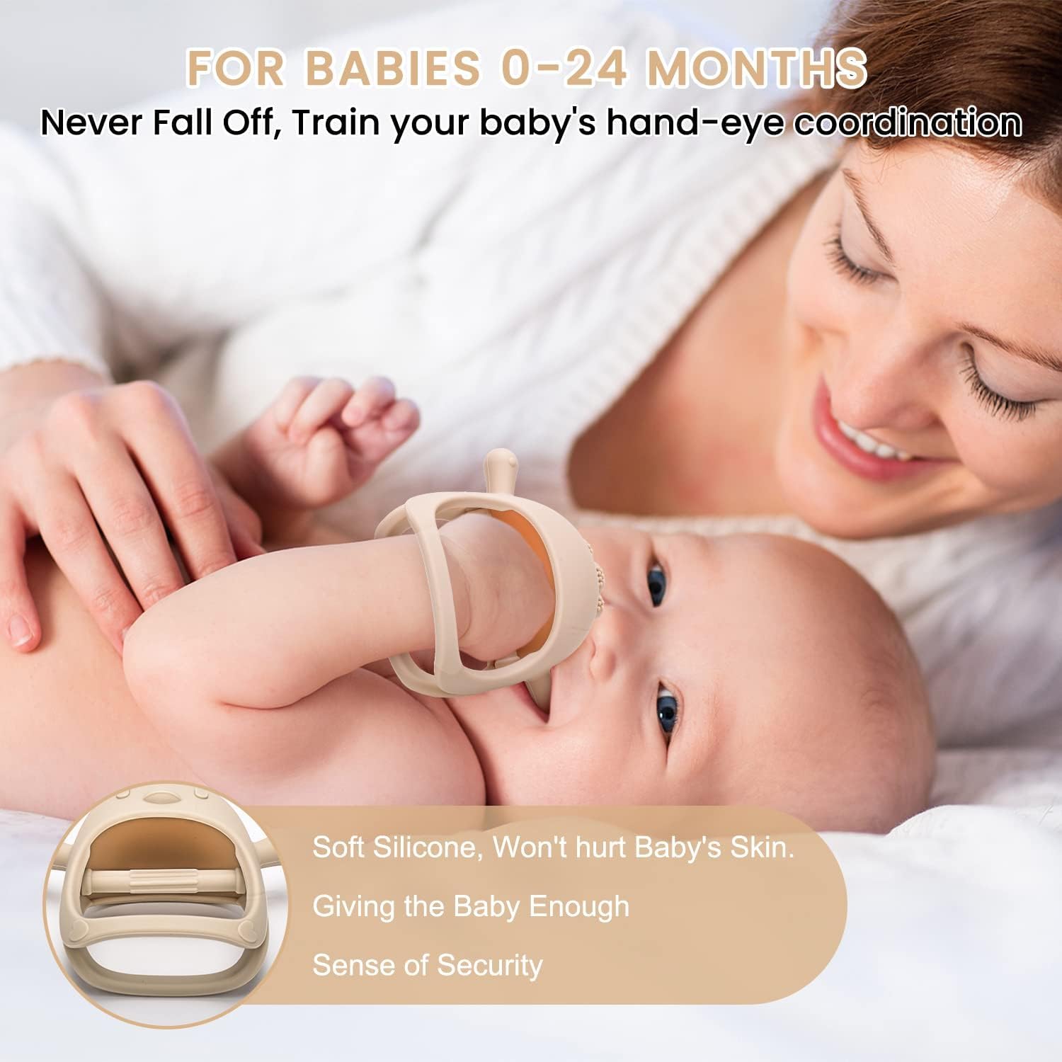 KESI ORNAMENTS Baby Teething Toys, Never Drop Hand Wrist Teether, Baby Chew Toys for Sucking Needs, Silicone Baby Mitten Teether for Soothing Teething Pain Relief, Easy to Grip (Beige) - Image 6 thumbnail