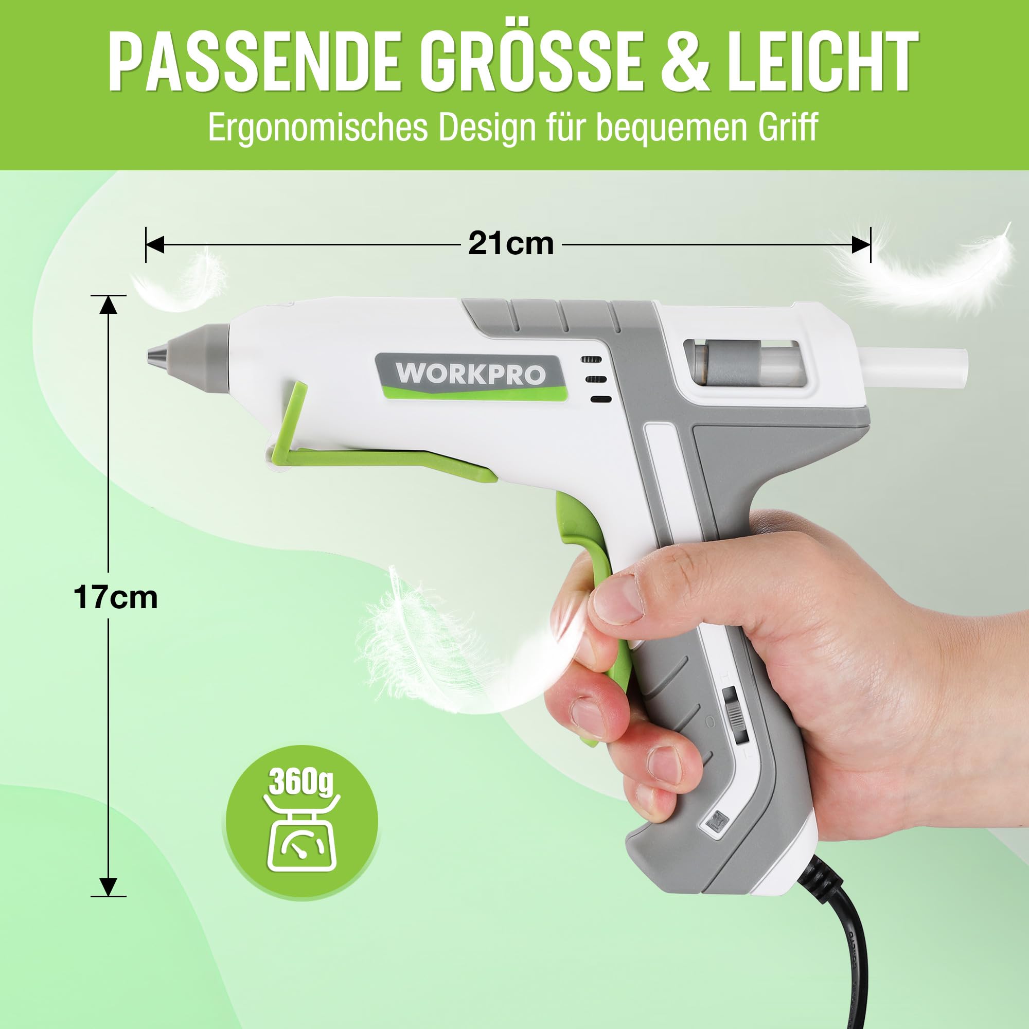 WORKPRO Heißklebepistole, 60/100 W Klebepistole mit 10 Heißklebesticks, Zwei Heizmodi, Schnelle Verklebung 9-12 g/min, 90s Schnellvorheizung, 3-Punkt-Halterung, für DIY und Reparaturen, Grau&weiß
