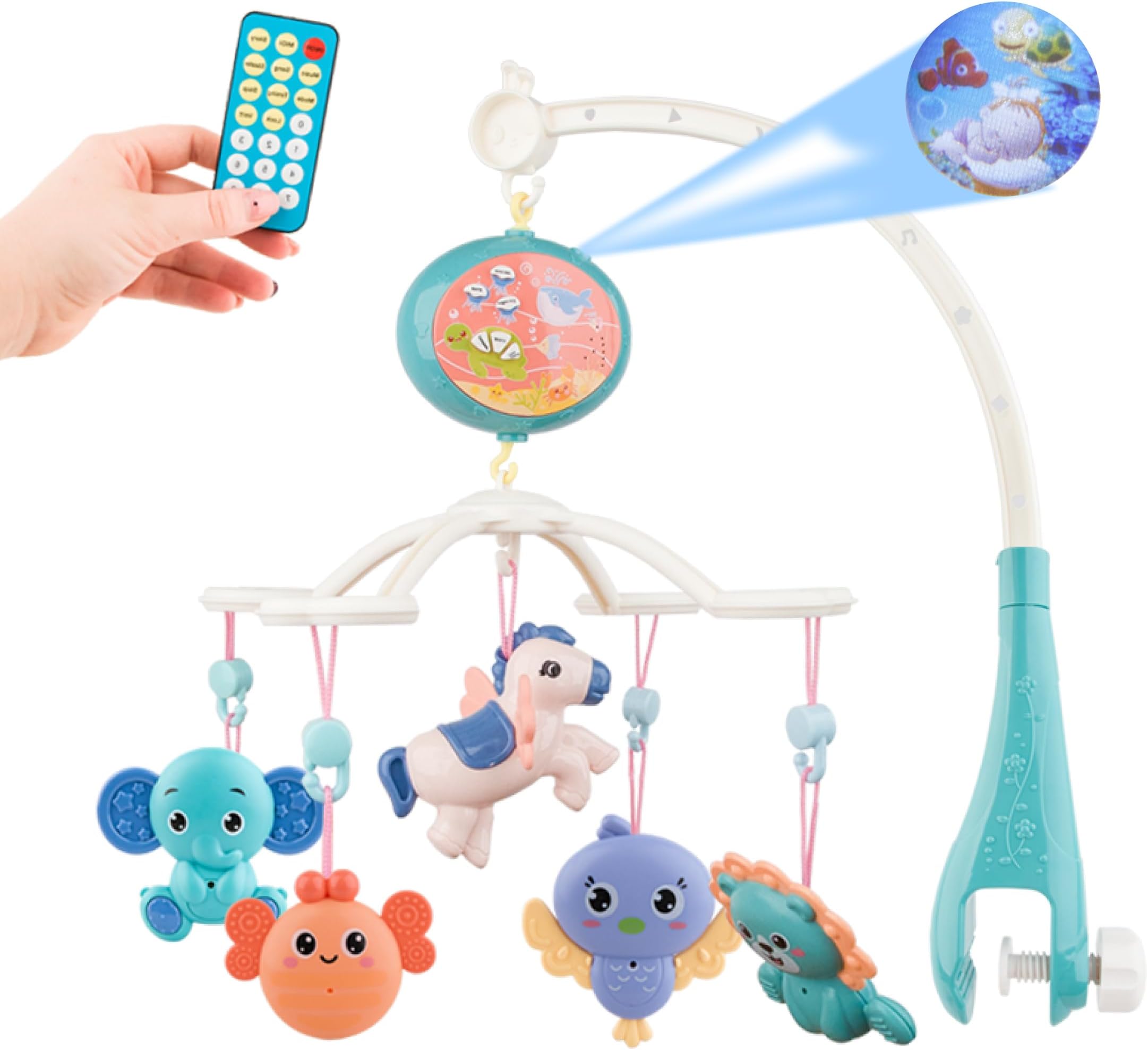 Baby Musical Side Crib Mobile with Projector, Lights, Hanging Toys & Bed Bell for Sleeping |Blue Remote Control, Carrousel, Spinning, Music Box, Rattles | Newborn, Infants, Girls & Boys 0-6 Month