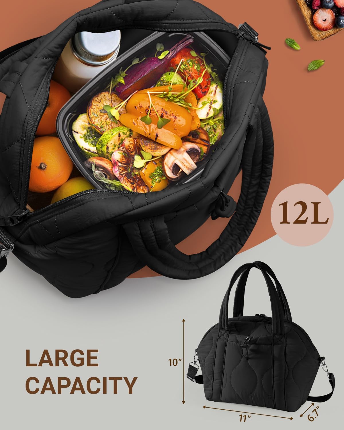 WONDAY Insulated Lunch Bags for Women, 12L Puffy Lunch Tote with Shoulder Strap, Waterproof, Leakproof, Reusable, Keeps Food Fresh, Perfect for Work, Travel, Picnic