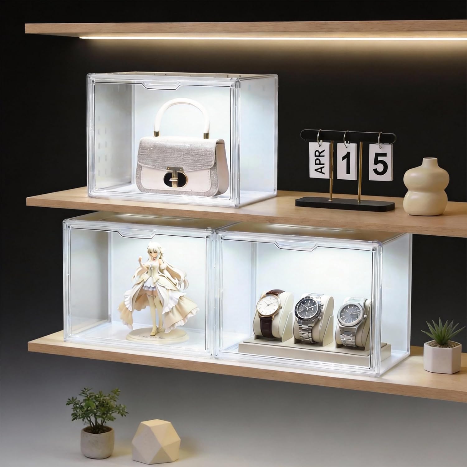 GUDEMAY 3er-Set Transparente stapelbare Kunststoffboxen mit Magnettür, LED | Staubdichte Acryl-Vitrine. Schaukasten für Figuren, Modellautos, Bücher, Schuhe & Handtaschen. Organizer für den Schrank