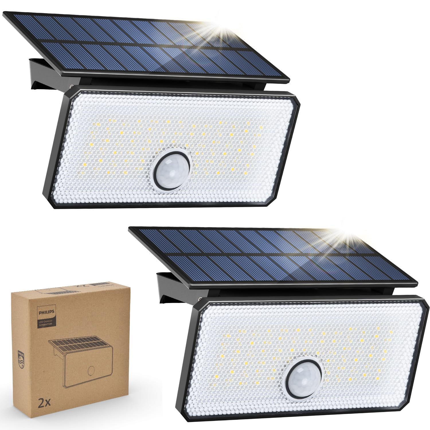 Philips Solarlampen für Außen mit Bewegungsmelder, 1000LM 7000K Tageslicht, Wasserdicht Aussenlampe mit PIR-Bewegungsmelder, 3 Modi LED Aussenleuchte für Garten, Hof, Garage (2 Stück)