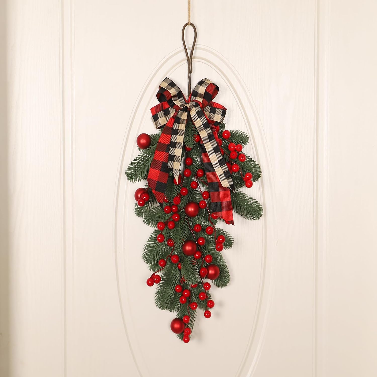 CITYES Christmas Swag Artificial Teardrop Swag Wreaths with Pine Cone Red Berry Christmas Ball Artificial Christmas Pine Branch Teardrop Door Swag Decoration for Xmas Front Door Outdoor Indoor Wall