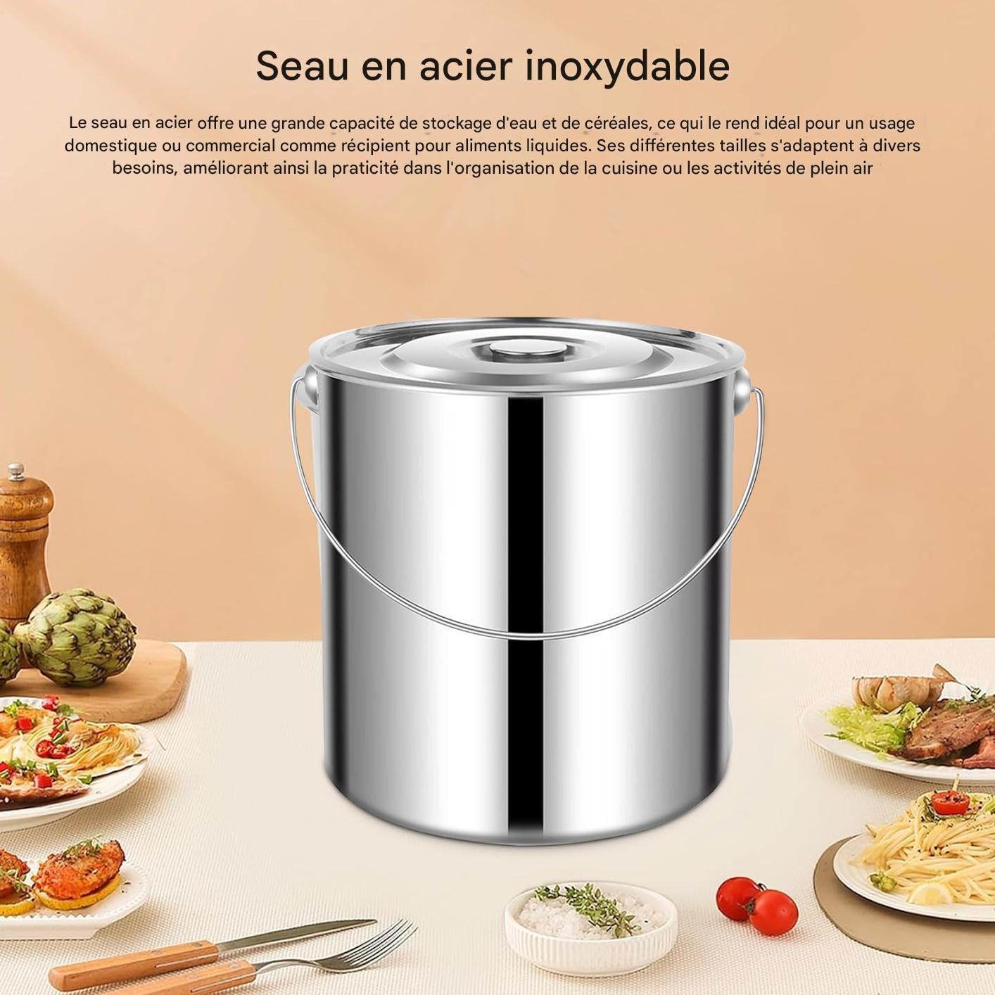 Secchio In Acciaio Con Coperchio E Maniglia Per Conservazione | Grande Secchio Contenitore Per Cereali Da Cucina Per Zuppa Latte Acqua Riso Farina Cereali Cibo Secco Per Gatti Casa
