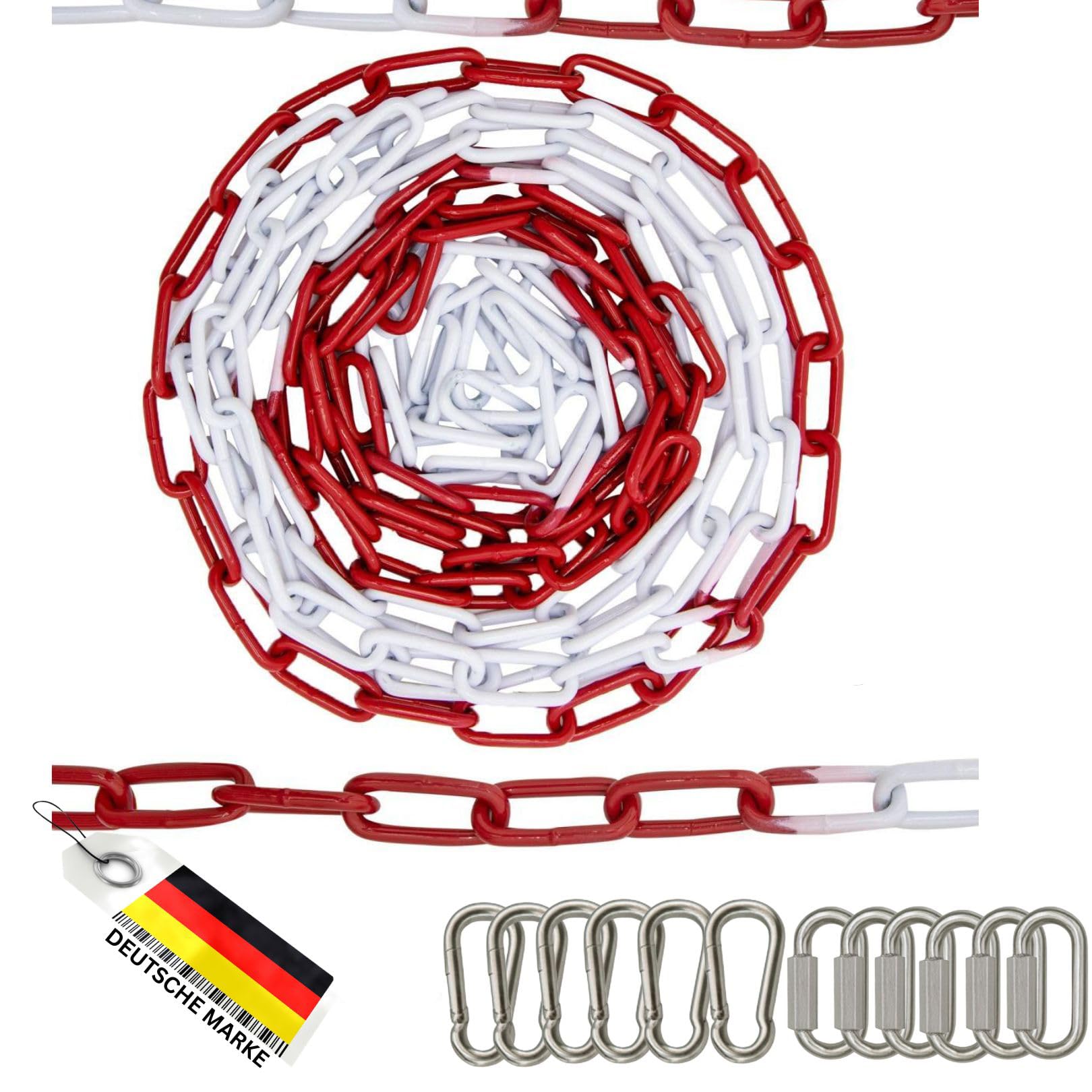 FAMEX Catena di sicurezza in metallo, 5-30 m, 5 mm, rosso e bianco, catena in acciaio zincato con moschettone e maglia di emergenza, catena di avvertimento resistente alle intemperie per parcheggio