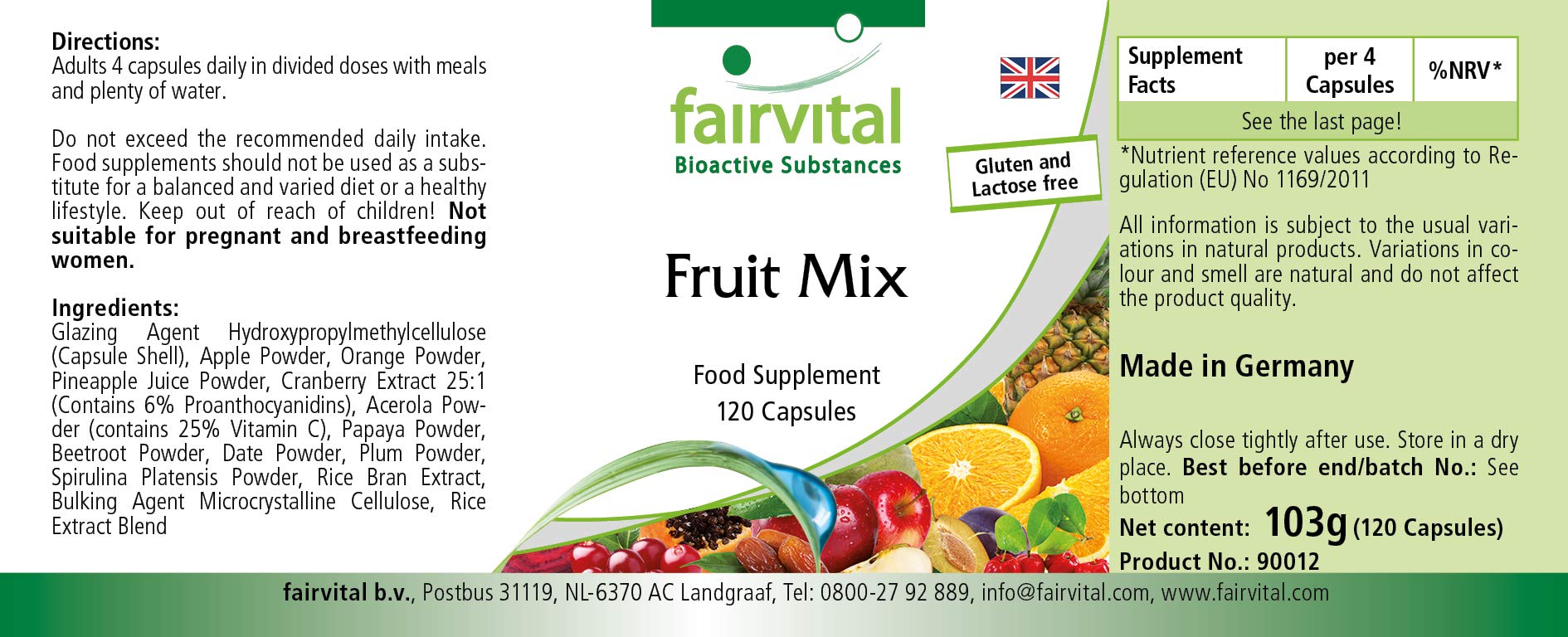 fairvital Mix di frutta, 120 capsule, ALTO DOSAGGIO, VEGANO, polvere multivitaminica naturale alla frutta, con estratto di mirtillo rosso, acerola, spirulina e molto altro