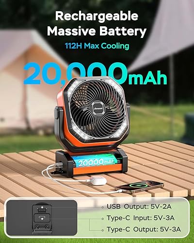 Miniatura 2 de Ventilador de camping con luz, ventilador de batería recargable de 20000 mAh, tiempo de enfriamiento máximo de 112 horas, 8 velocidades, pantalla