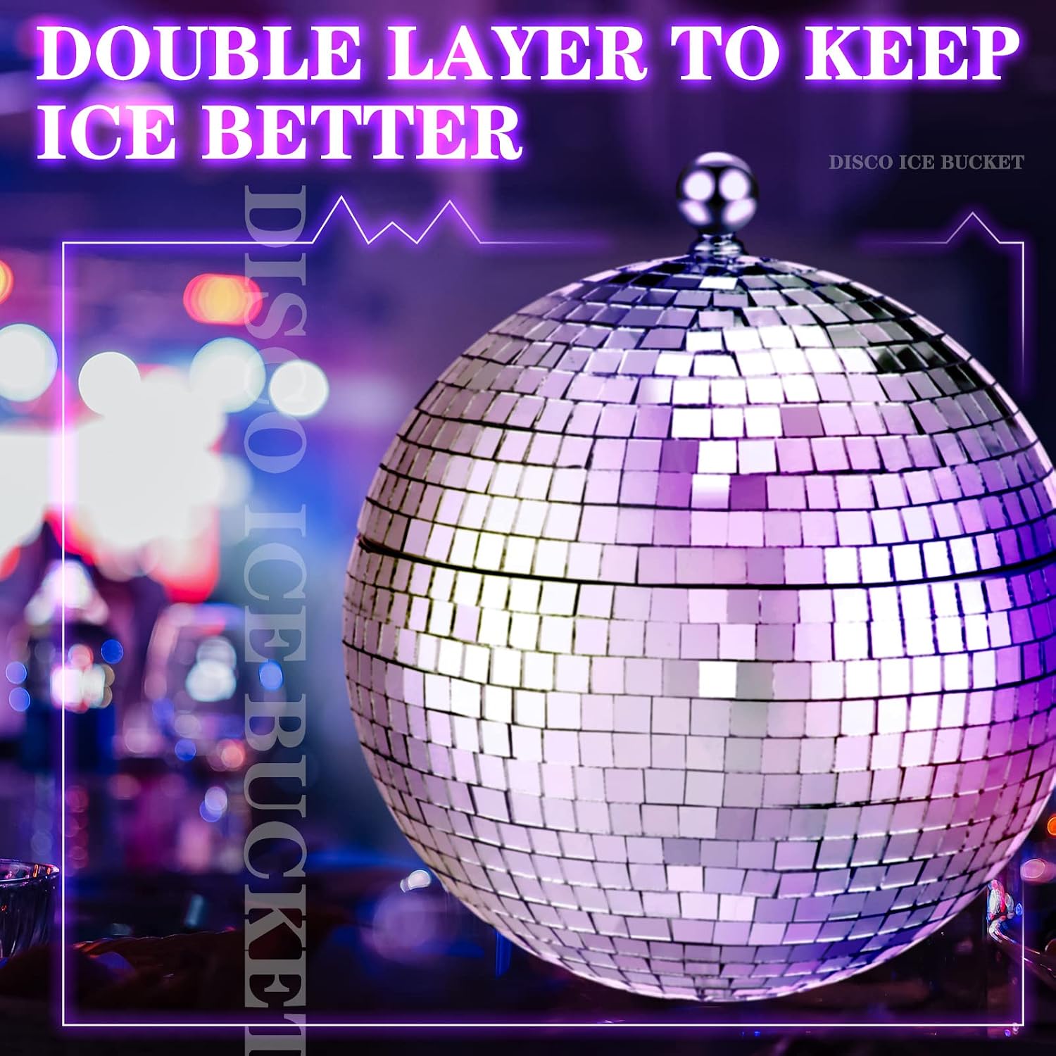 Hoolerry 2L Disco Ball Ice Bucket for Cocktail Bar Retro 70s Barware Mirror Silver Disco Beverage Vase Bowl Drink Barrel Double Stainless Steel Bachelorette Party Gift Supplies