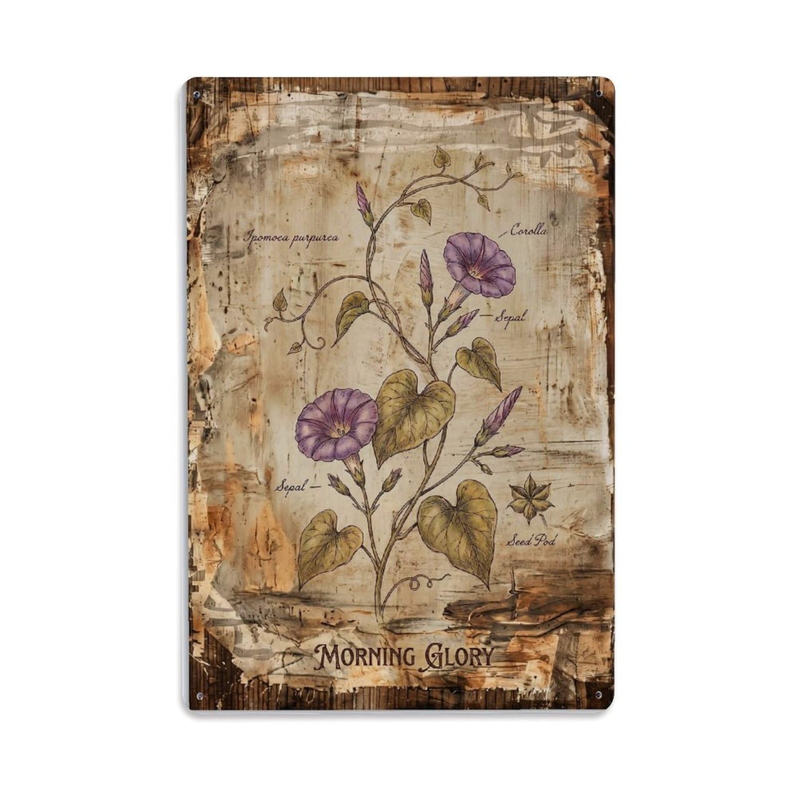 Morning Glory Botanical Vintage Metal Tin Sign Plaque Wall Decor for Cafe, Club, Garden Metal Poster 8x12Inch