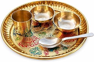 Pure Brass Pooja Thali Set – 5 Pcs Mayur (Peacock) Design with Bowls, Glass & Spoon | Puja Plate Combo for Laddu Gopal & Kanha Ji Bhog Offering