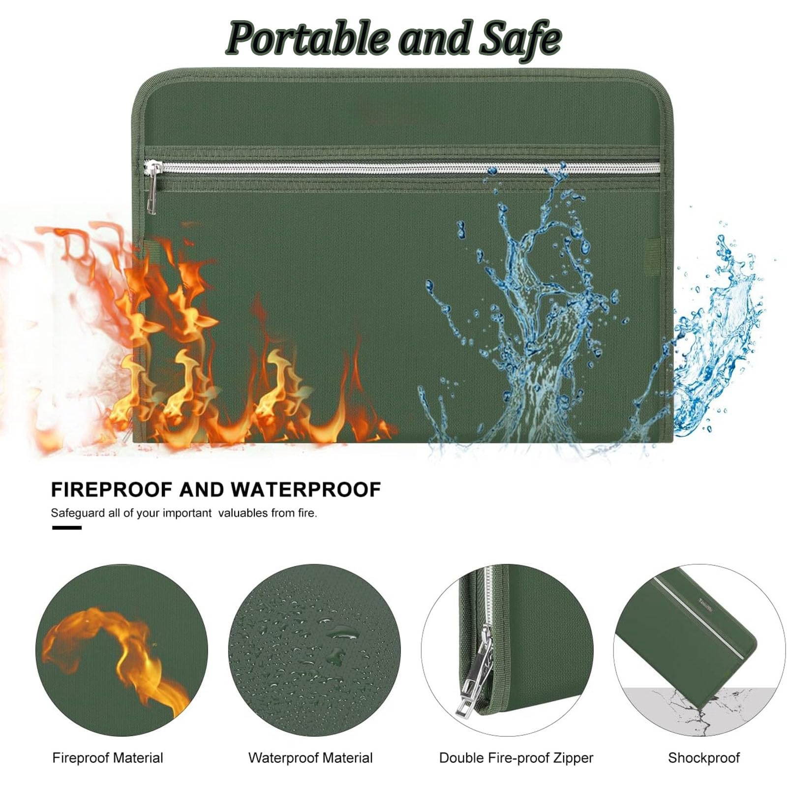 Carpeta ignífuga A4 de gran capacidad con asa, organizador de documentos impermeable portátil para oficina, hogar y escuela (Green)