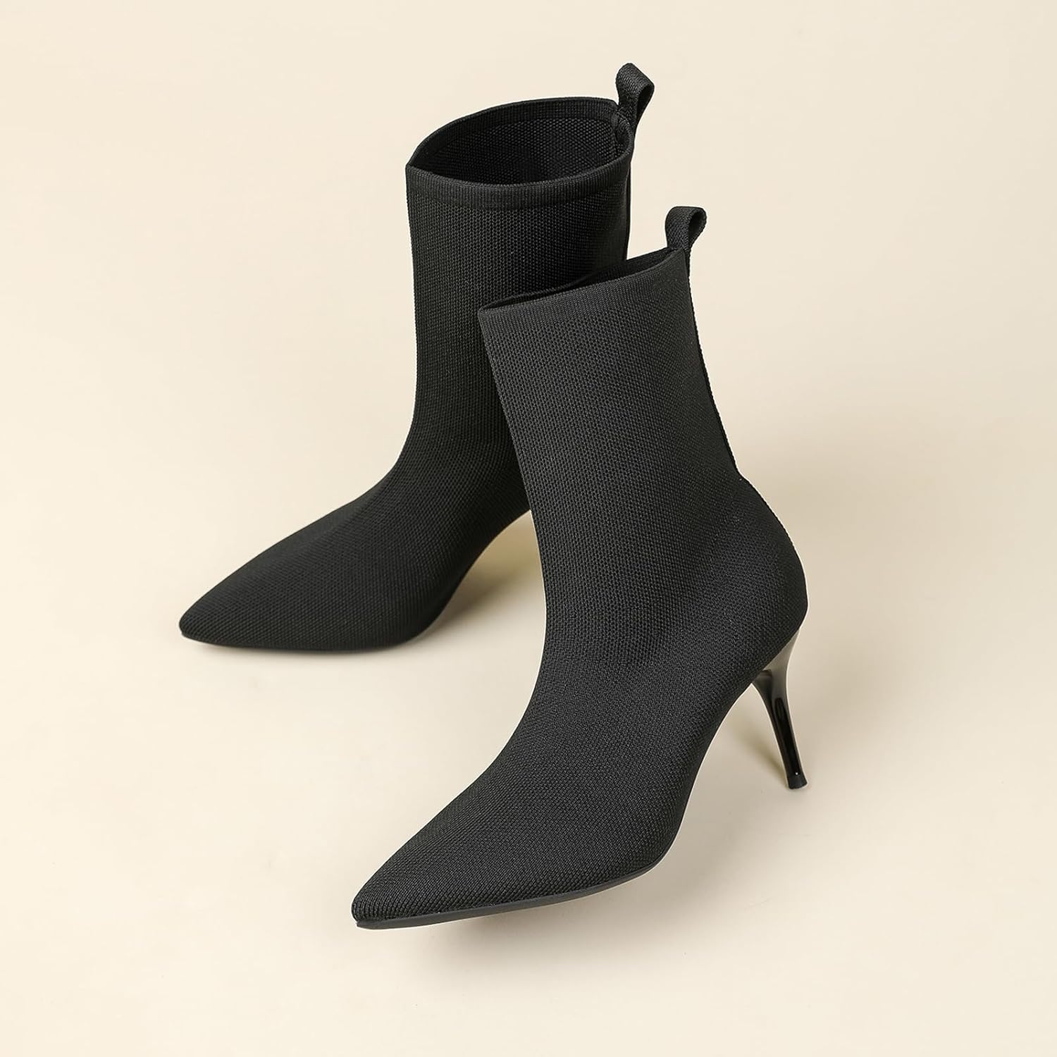 Women's Knit Stiletto Ankle Boots Sexy Pointed Toe Pull On High Heel Lightweight Mid Calf Boots for Work Office Wedding Dressy Sock Booties