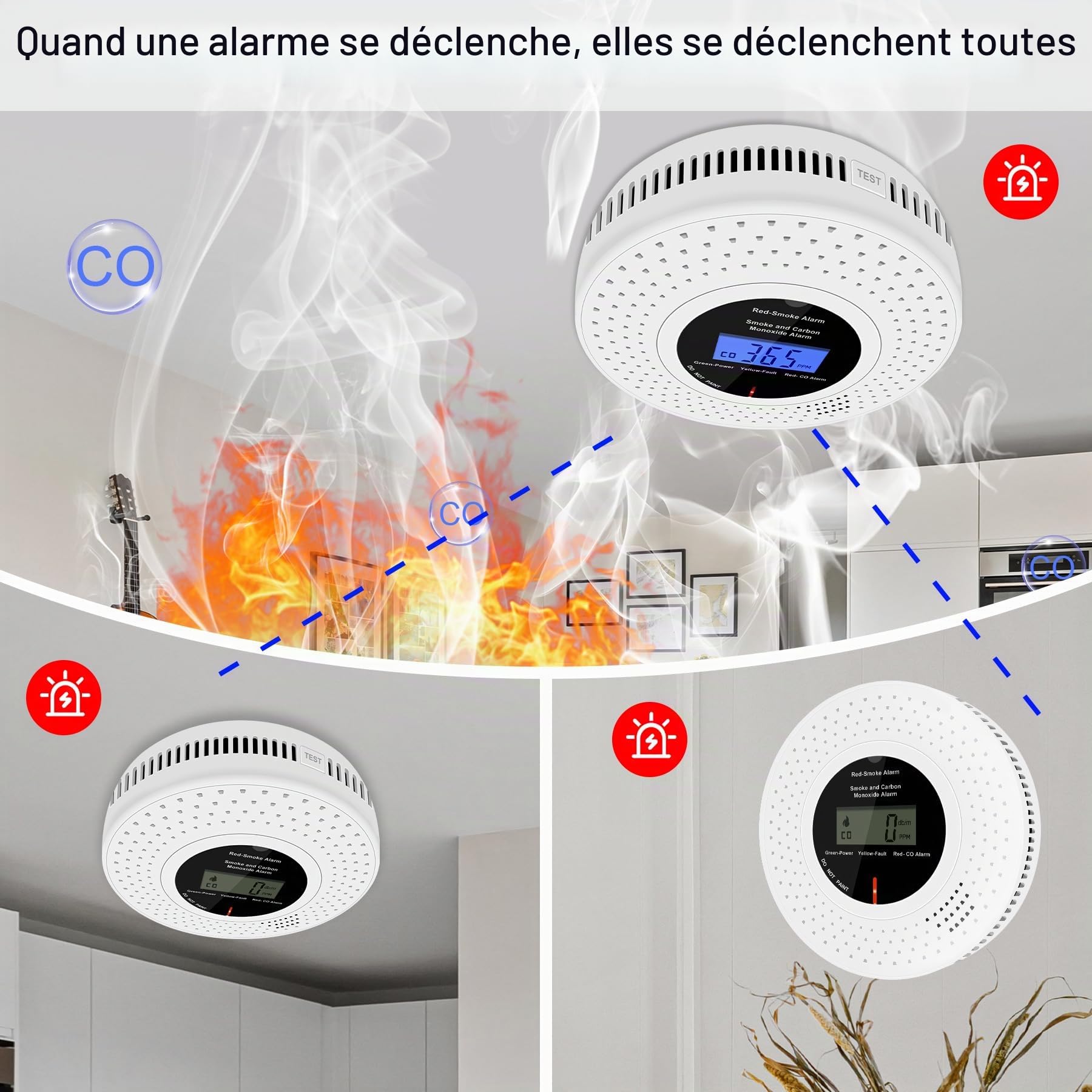 Détecteur de fumée et de monoxyde de carbone sans fil interconnecté, Détecteurs de fumée et détecteurs de monoxyde de carbone avec affichage LCD en temps réel, durée de vie de 10 ans,2 pièces