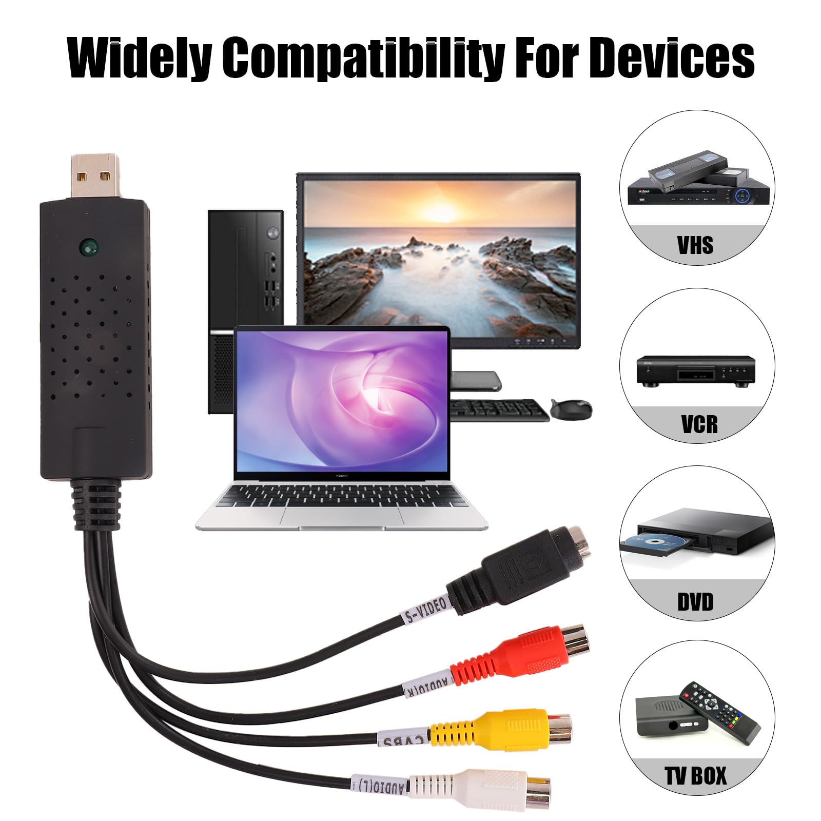 Convertitore VHS in Digitale, VHS to Digital Converter, USB 2.0 Video Grabber, Convertitore Analogico Digitale Acquisizione, per PC, Video, DVD, Windows XP 10/8/7