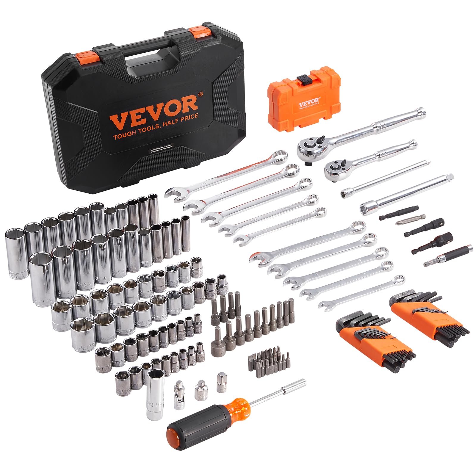 VEVOR Juego de herramientas mecánicas y juego de enchufes, 1/4 pulgadas y 3/8 pulgadas de profundidad y llaves estándar, kit de herramientas mecánicas SAE y métricas con brocas, llave combinada,