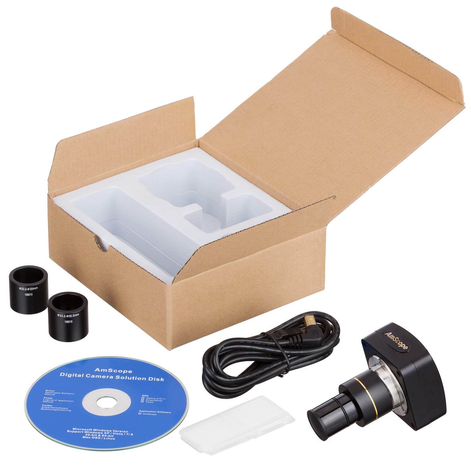 AmScope - Cámara de microscopio digital de montaje en C CMOS de color de alta velocidad de 3MP USB 2.0 con lente de reducción y kit de calibración - MU300-HS-CK