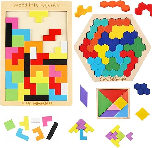 EACHHAHA Paquete de 3 rompecabezas hexagonales de madera rusa de bloques Tangram, rompecabezas de cerebro, rompecabezas STEM Montessori, regalo