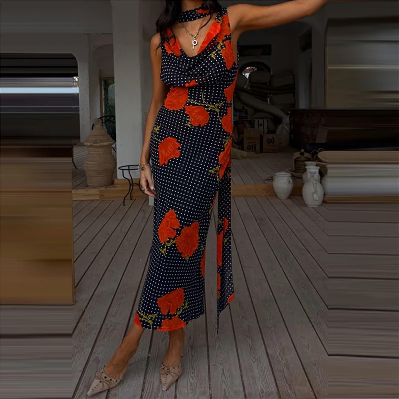 Vestido de Playa Sexy Halter sin Mangas Ahuecado Vacaciones Verano Plisado Vestidos Mujer patrón Vintage