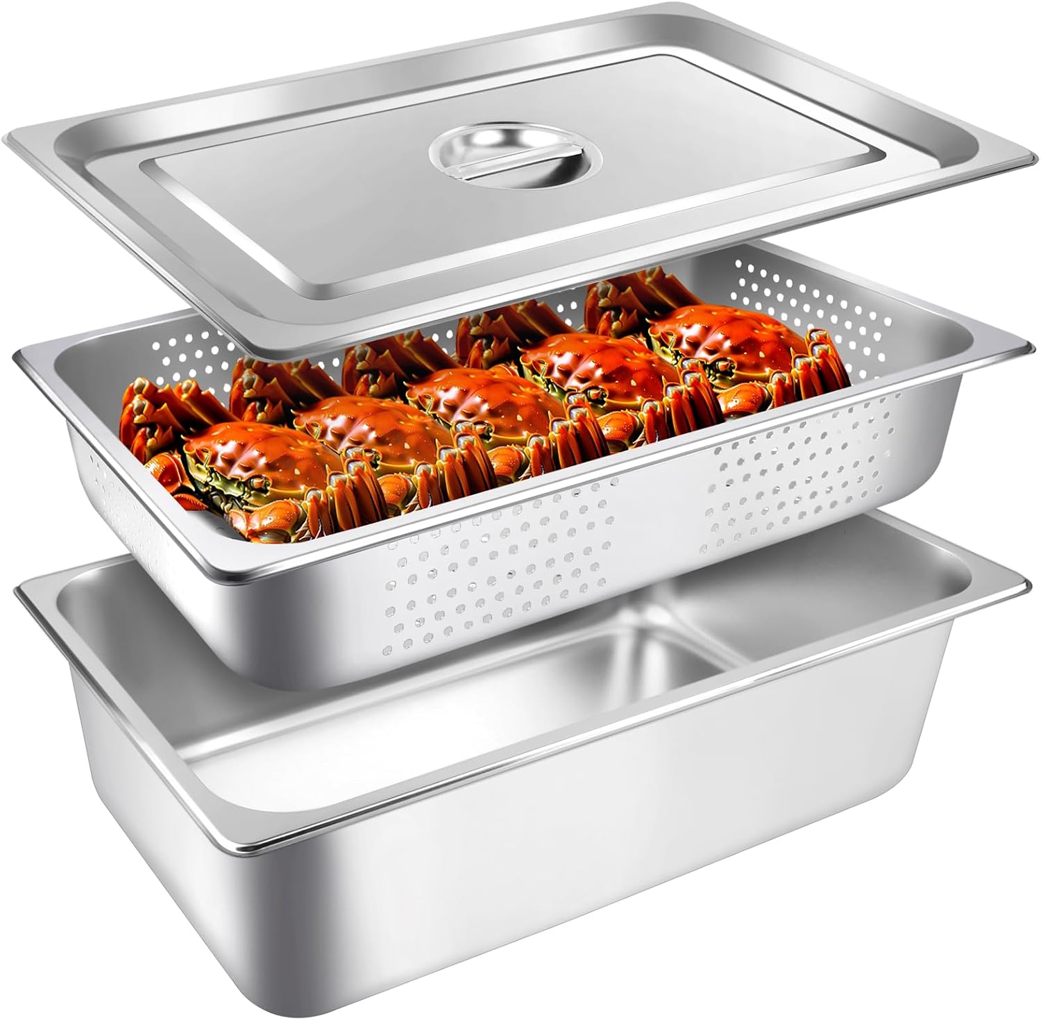 3 Pack Full Size 4 Inch, 6 Inch Hotel Pan with Lid Perforated Steam Table Pan Chafing Pans Steam Table Tray Stainless Steel Restaurant Supplies for Buffets Catering Commercial Kitchen