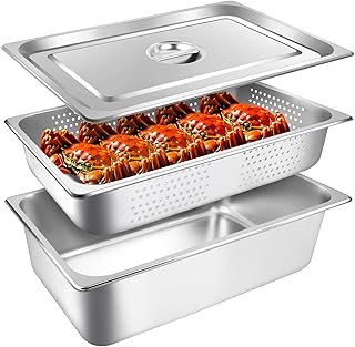 3 Pack Full Size 4 Inch, 6 Inch Hotel Pan with Lid Perforated Steam Table Pan Chafing Pans Steam Table Tray Stainless Steel Restaurant Supplies for Buffets Catering Commercial Kitchen