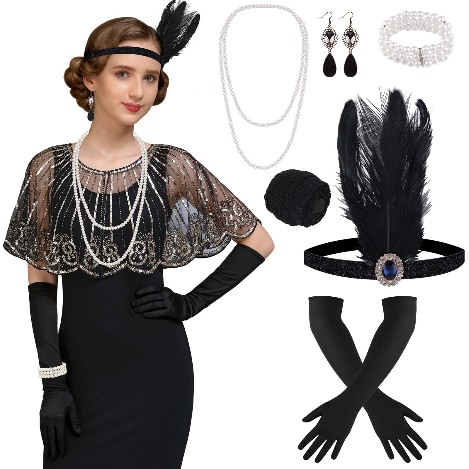 ELECLAND 10 Pieces 1920s Flapper Great Gatsby Accessories Set Fashion Roaring 20's Theme Set including Headband Headpiece Long Black Gloves Necklace Earrings for Women (Black Gold