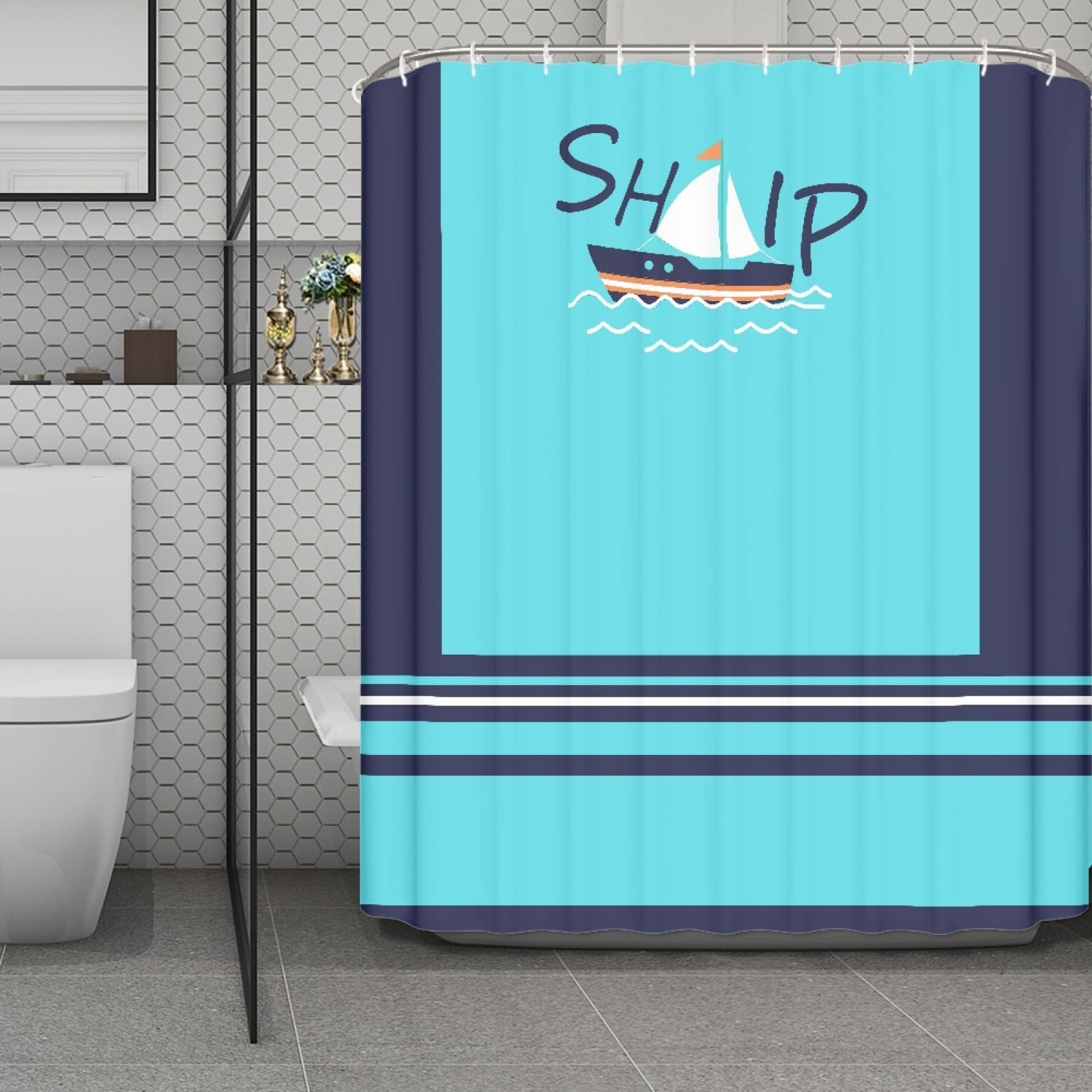 Rideau douche 200X240 bateau bleu de mer imperméable lavable
