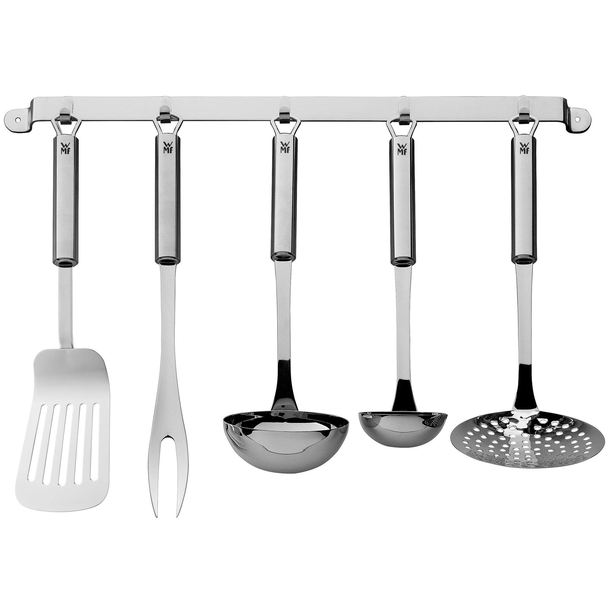 WMF Profi Plus Küchenhelfer Set 6-teilig, Hängeleiste mit 5 Helfer, Schöpflöffel, Schaumlöffel & Profi Plus Servierlöffel 32 cm, Cromargan Edelstahl teilmattiert, spülmaschinengeeignet