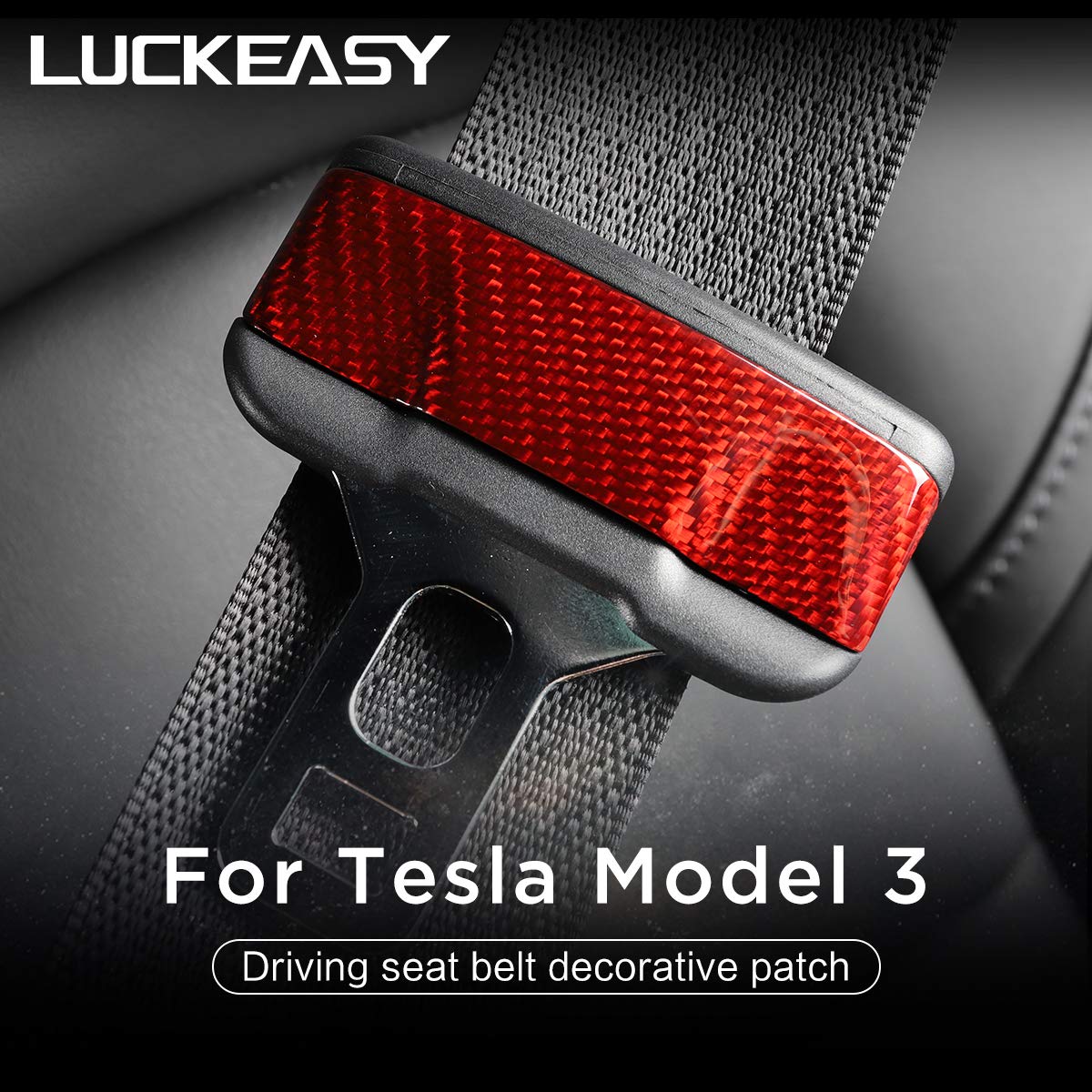 LUCKEASYInterior Accessories for Tesla Model 3 Model Y 2017-2022 Carbon Fiber Driving Front seat Belt Decorative Patch(Red Carbon Fiber) 2pcs/Set