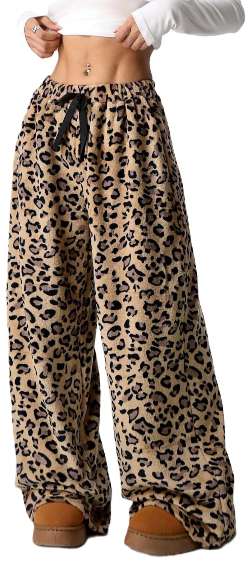 WINKEEY Pantaloni Pigiama Donna Invernali in Flanella Pantaloni comodi e morbidi in pile con stampa leopardata per la casa