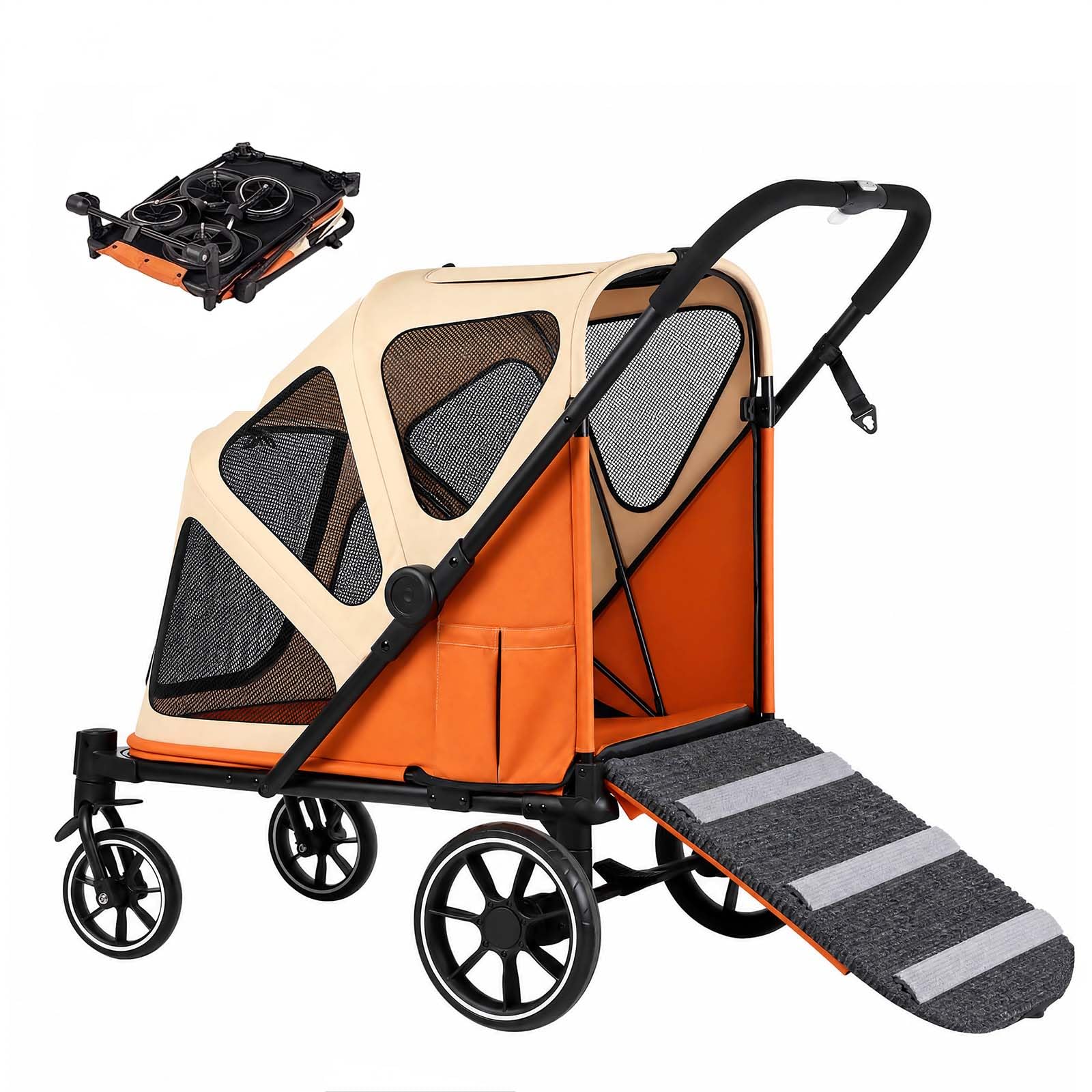 Skylos Dog Stroller Pet Pram Fold Shock Absorbing Wheels Outdoor, Orange